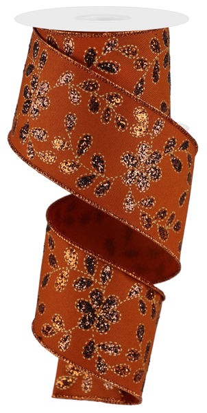 RGE1899T3  2.5" x 10yd Glitter Leaves W/Flower Autumn/Copper/Brown