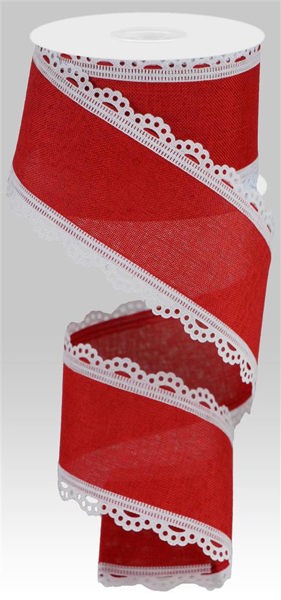 RGA1542W7  2.5" x 10yd Lace Edge Royal Burlap White/Red