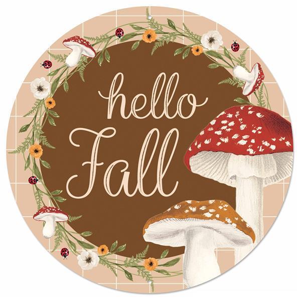MD1177  12"Dia Metal Hello Mushroom Sign   Wht/Cream/Red/Org/Grn/Brn