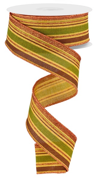 RGE182157  1.5" x 10yd Vertical Stripe Dk Mstd/Moss/Brwn/Orng