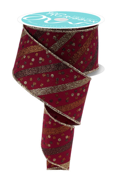 RGF199372  2.5" x 10yd Glitter Stripe W/Confetti Dots Wine/Gold/Brown/Copper