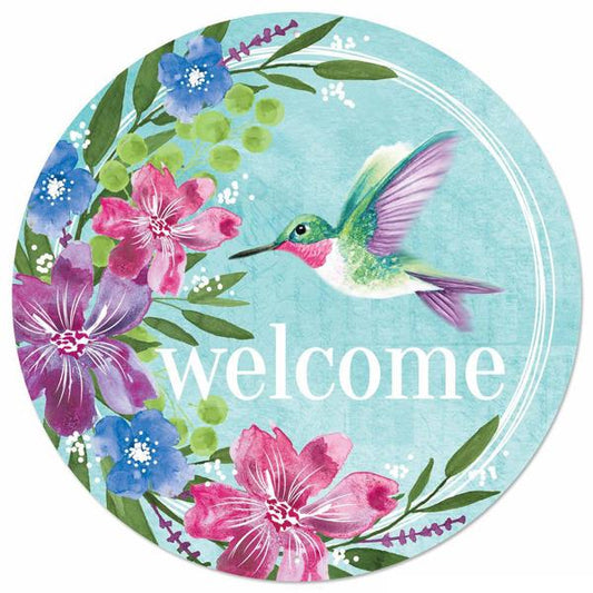 MD1086   12"Dia Metal Hummingbird W/Florals Sign   Blue/Multi