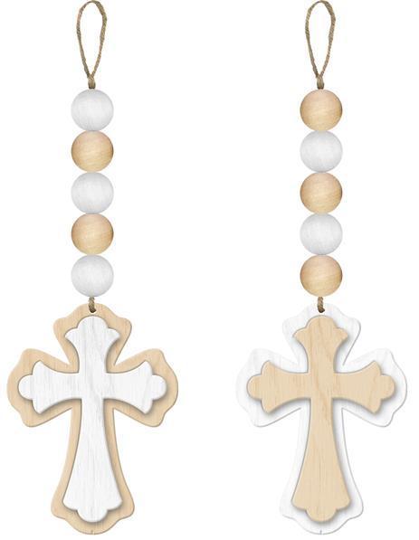 MS173554 6.5" Wood Bead Ornament White/Tan