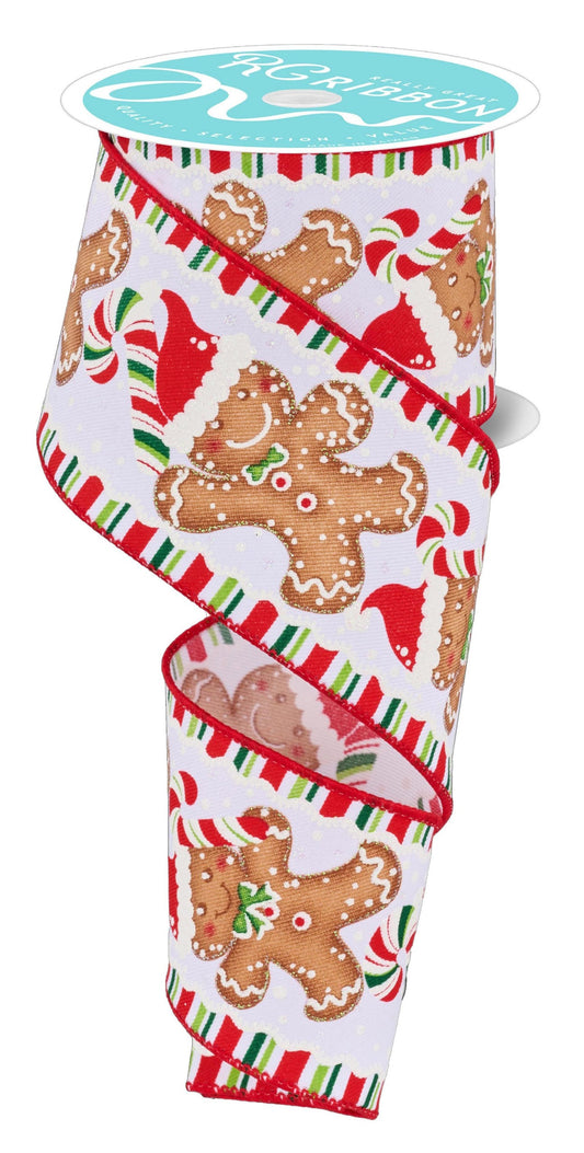 RGF123027    2.5" x 10yd Gingerbread W/Santa Hat   White/Red/Brown/Green
