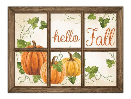 MD1246   12.75"L x 9.5"H Hello Fall Window Sign   Cream/Orange/Brown