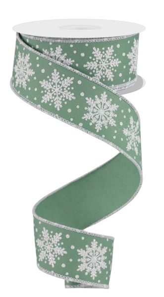 RGE1974H2  1.5" x 10yd Snowflakes Sage Green/White