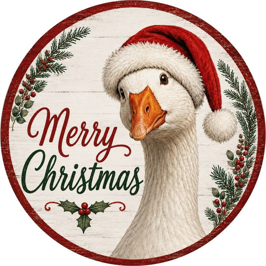 CUS2579L   18" Round MDF Goose W/Hat Merry Christmas Sign