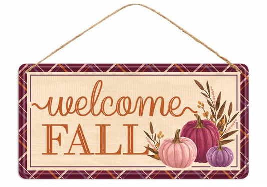 MD1220   12"L Tin Welcome Fall W/Pumpkins Sign   Crm/Orng/Burg/Mlbry/Brown