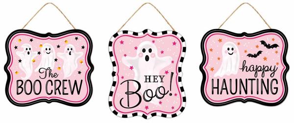 MD120822   7"Lx6"H Tin Matte Ghost Signs   Black/White/Pink