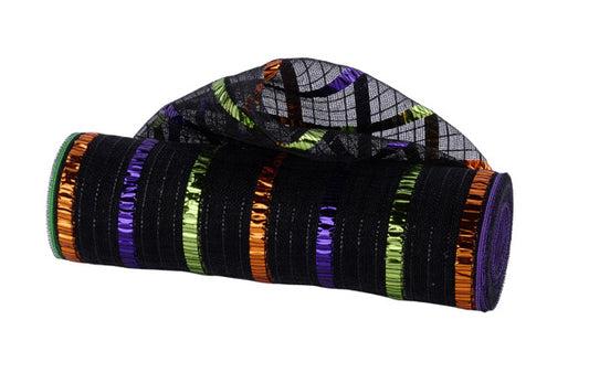 RY503676  10.25" x 10yd Fine Weave x L Foil Stripe Black/Orange/Purple/Lime
