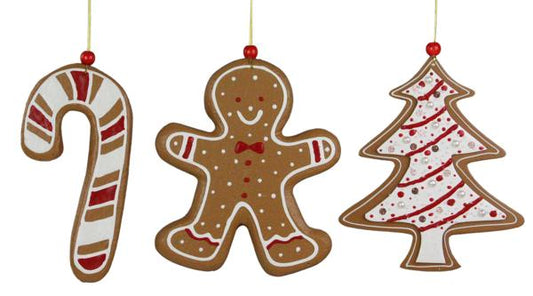 XJ5150   8"L Gingerbread Man/Tree/Candy Cane Ornament    Brown/White/Red