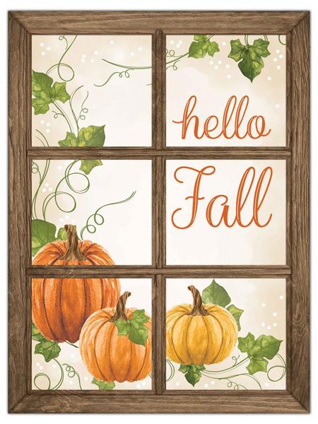 MD1487   19"H x 14.25"L Hello Fall Window Sign    Cream/Orange/Brown