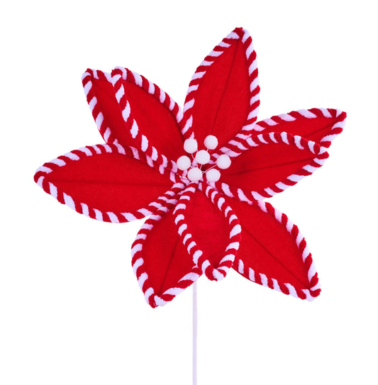 XS415330    12.5"Dia Velvet Poinsettia Stem, 24"Oal   Red/White