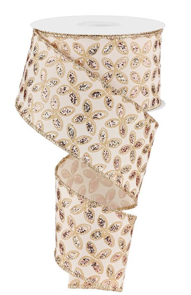 RGE192677  2.5" x 10yd Quatrefoil Petals Ivory/Rose/Champagne/Gold