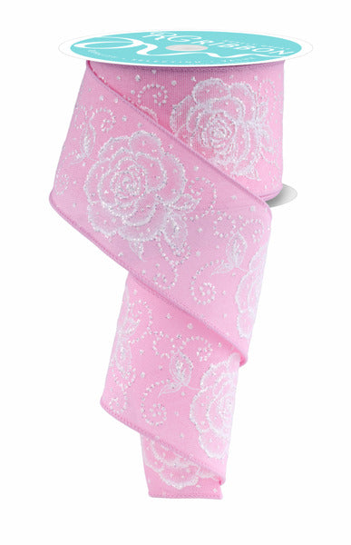 RGF160515  2.5" x 10yd Raised Roses Light Pink/White