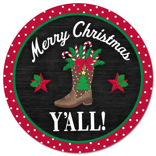 MD1076  12"Dia Merry Christmas Y'all Metal Sign  Red/Emrld/Brwn/Black/Wht