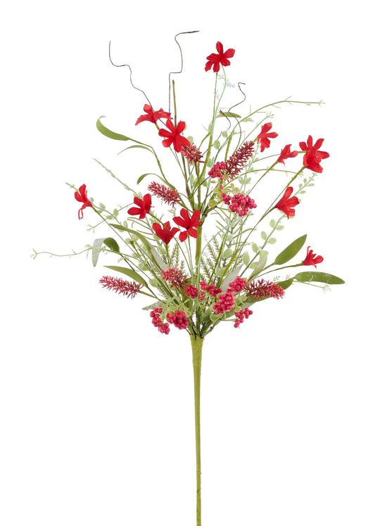 FH807124  24"L Fabric Flower/Eva Leaf/Beads Spray  Red