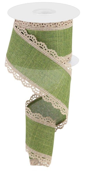RGA15424M  2.5" x 10yd Lace Edge Royal Burlap Light Beige/Moss