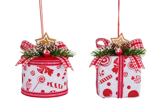 XJ5555   3" x 5" Gift Box Ornament   White/Red/Green