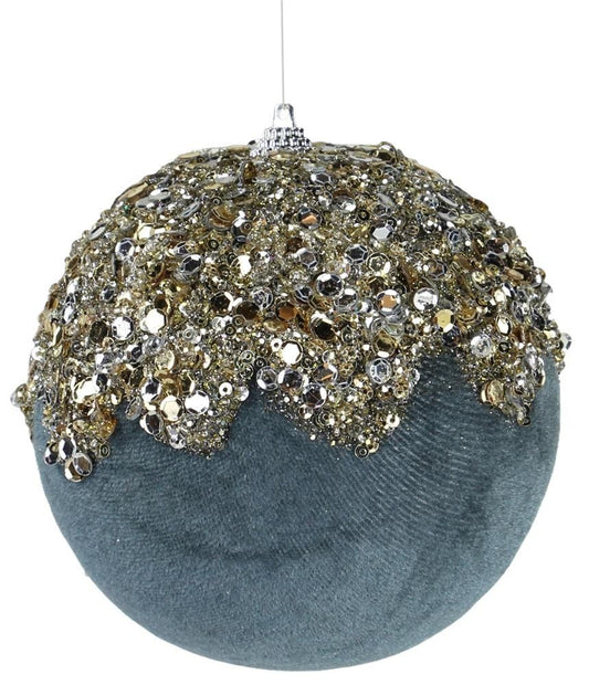 XJ4481W1  4.75"Dia Velvet/Sequin/Bead/Glitter Orn  Pewter/Lt Gold/Silver