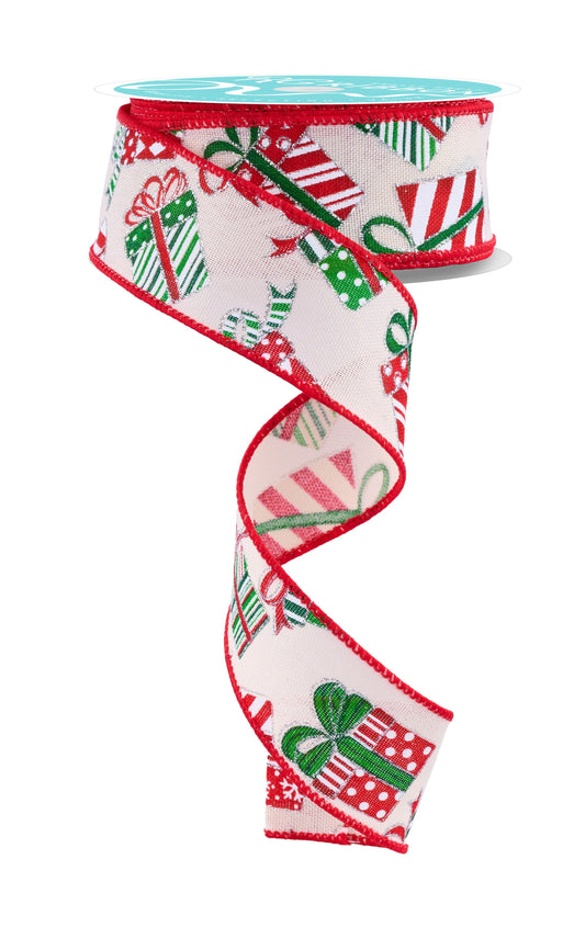 RGF1443C2  1.5" x 10yd Gift Packages Ribbon – Cream/Red/Green/Silver – Wired Ribbon