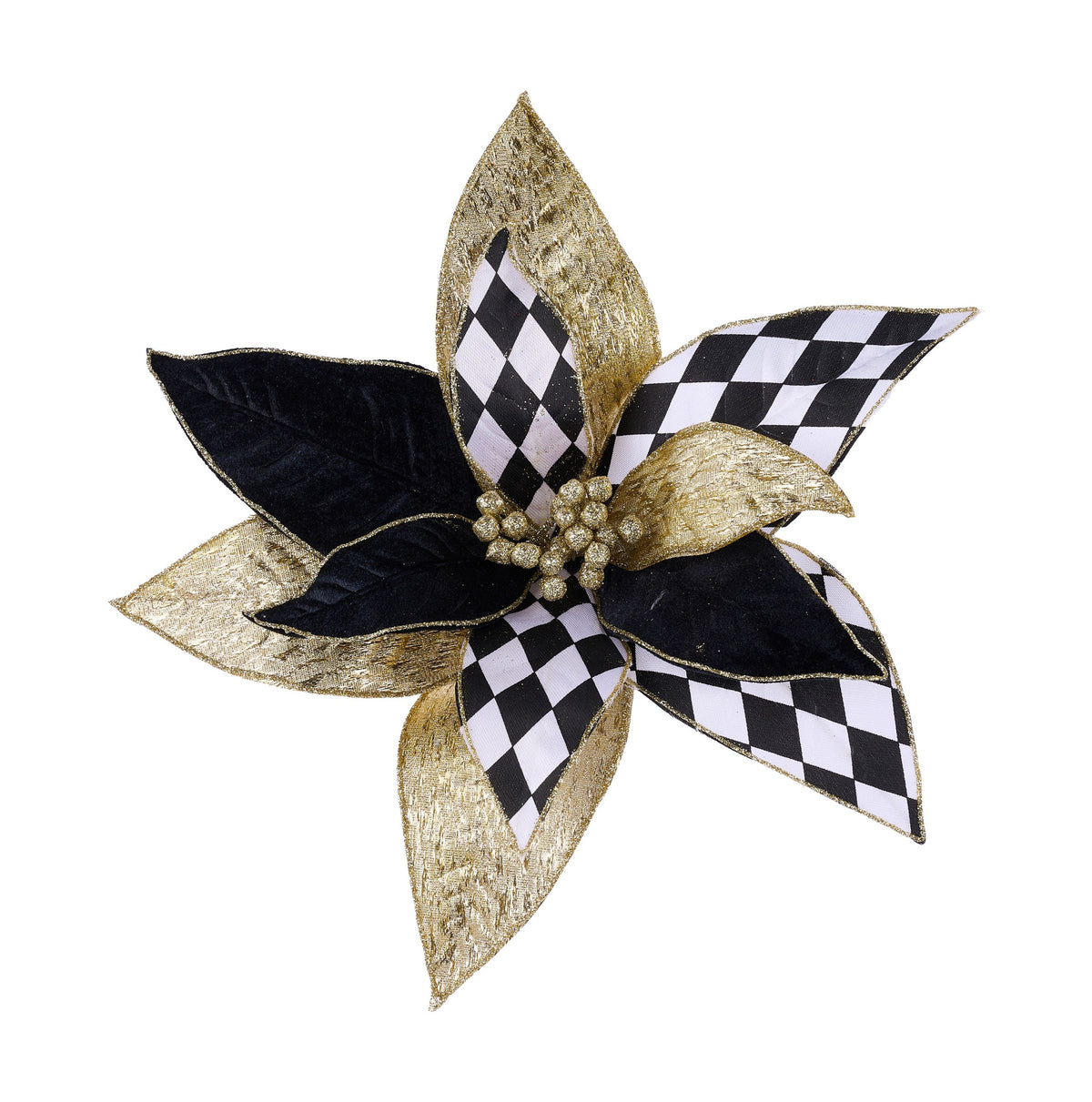 XS4254T1     10"Dia x 4"H Harlequin Poinsettia W/Clip     Black/White/Gold
