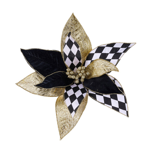 XS4254T1     10"Dia x 4"H Harlequin Poinsettia W/Clip     Black/White/Gold