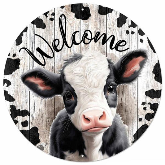 MD151902   12"Dia Metal Welcome W/Calf Sign   Black/White/Lt Natural