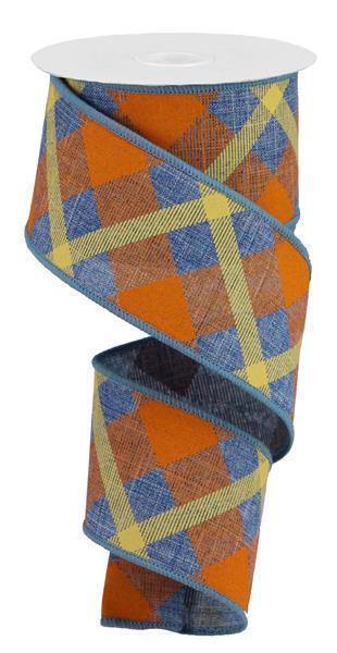 RG01683RT    2.5"X10yd Printed Plaid On Royal    Denim Blue/Org/Mustard