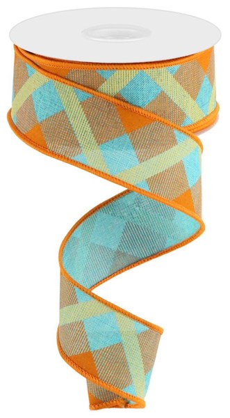 RG01682F3 1.5"X10yd Printed Plaid on Royal Lt Teal/Orange/Mustard