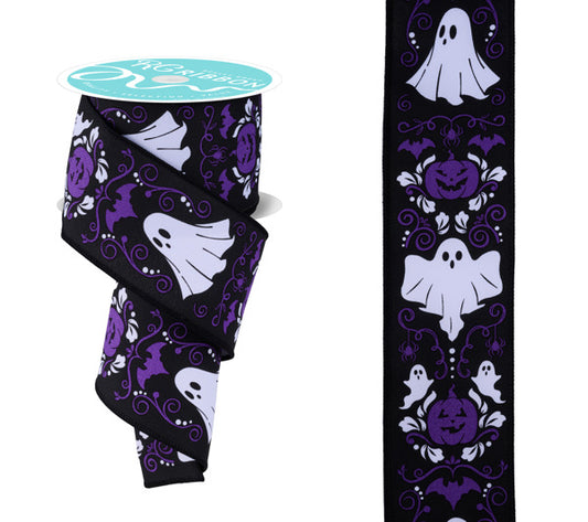 RGF168823   2.5" x 10yd Halloween Damask   White/Black/Purple