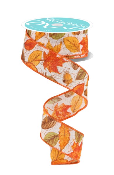 RGF133837  1.5" x 10yd Leaves And Acorns Ivory/Multi