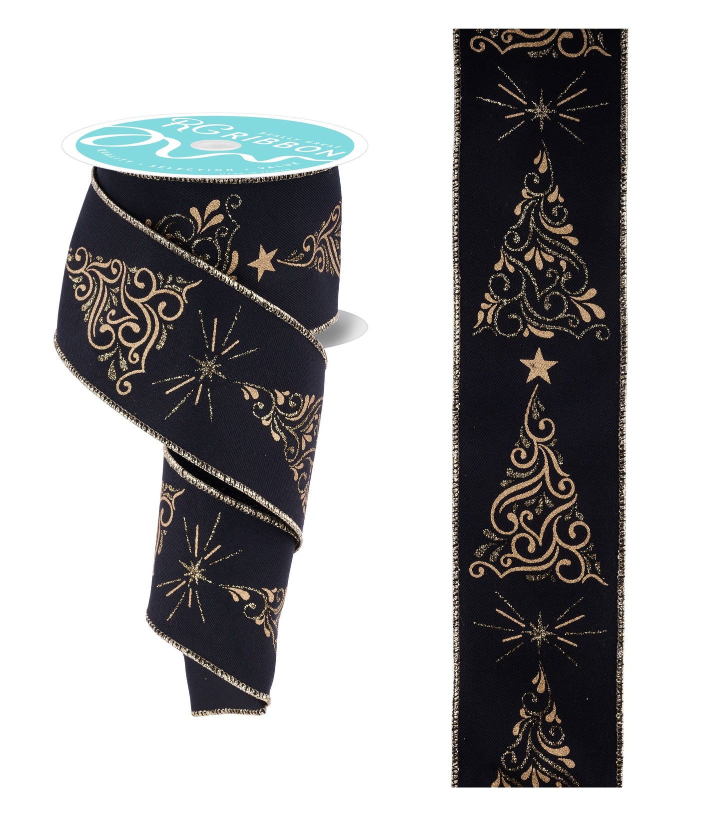 RGF162302    2.5" x 10yd Metallic Swirl Christmas Trees    Black/Gold