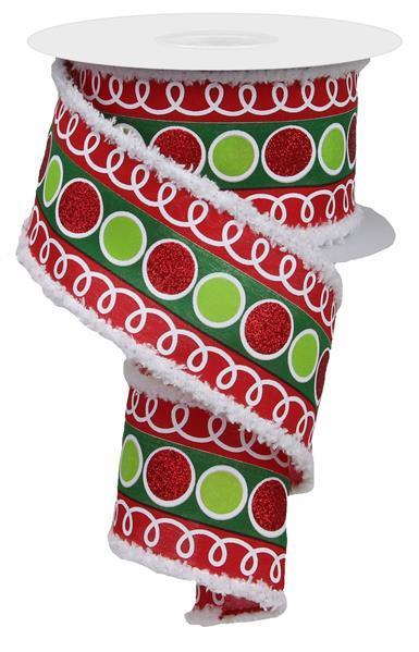 RGA85339H   2.5" x 10yd Stripe Glitter Circle/Drift Ribbon – White/Red/Emerald/Lime – Christmas Wired Ribbon