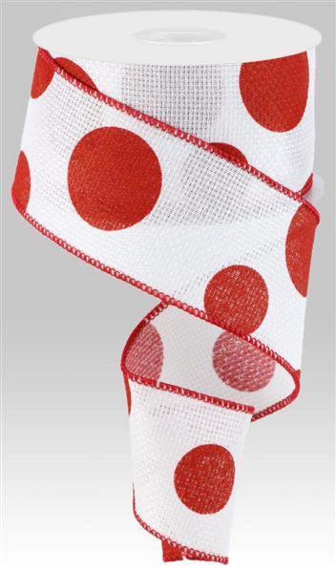RG0150967  2.5" x 10yds White Burlap Giant Red Polka Dots