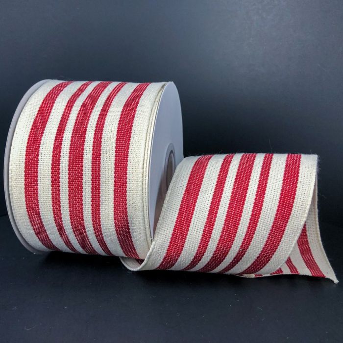 RJ17140-12   2.5" X 10YD WIRED WOVEN FRENCH STRIPES RIBBON    Red