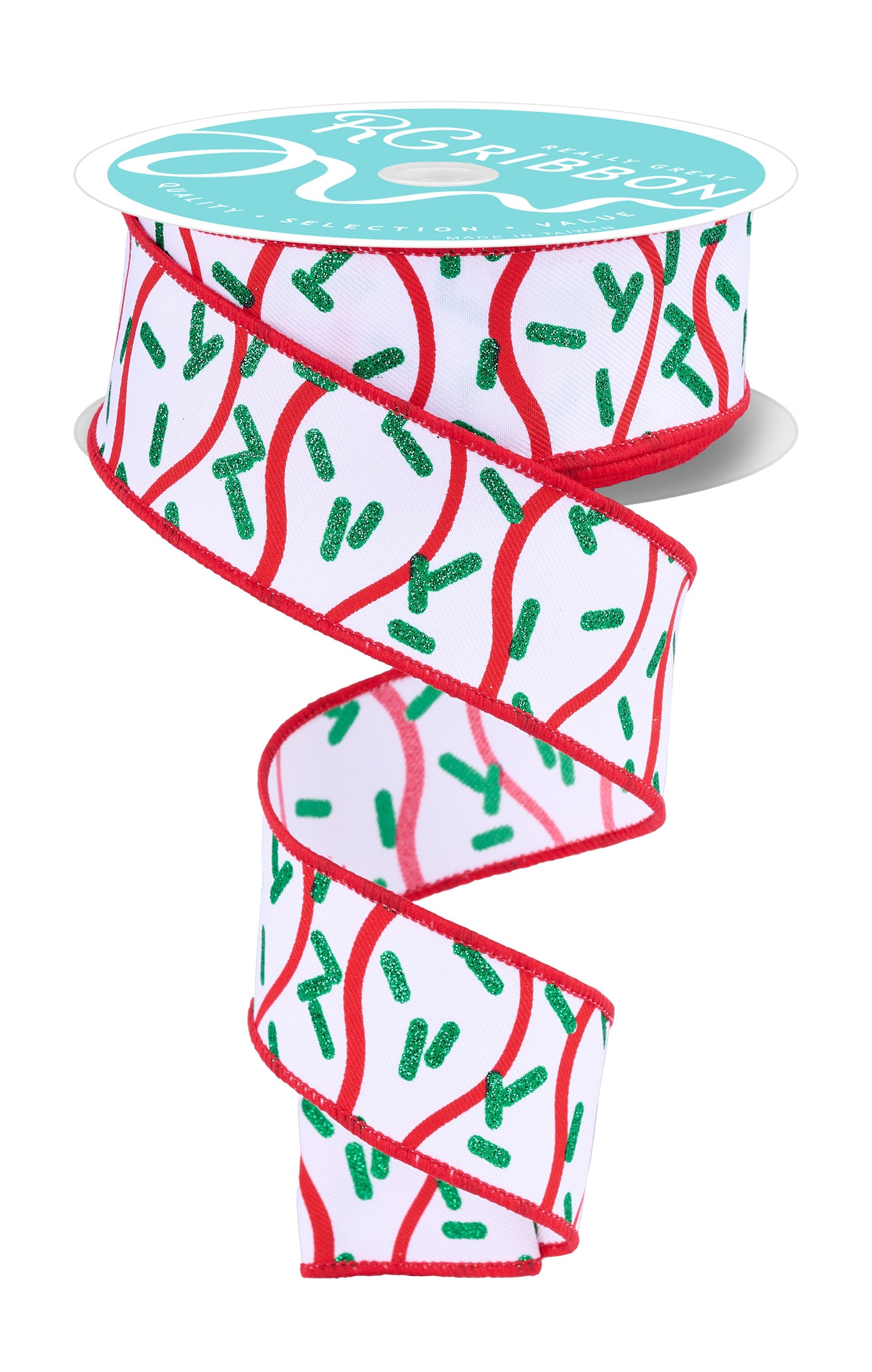 RGH101267   1.5" x 10yd Wavy Stripe W/Sprinkles  White/Red/Emerald