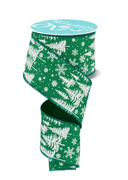 RGF123406  2.5" x 10yd Pine Trees/Snowflakes Emerald Green/White