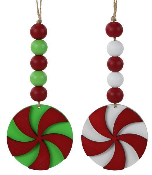 XA119541      6.5"L Wood Bead Peppermint Ornament  Red/Green/White