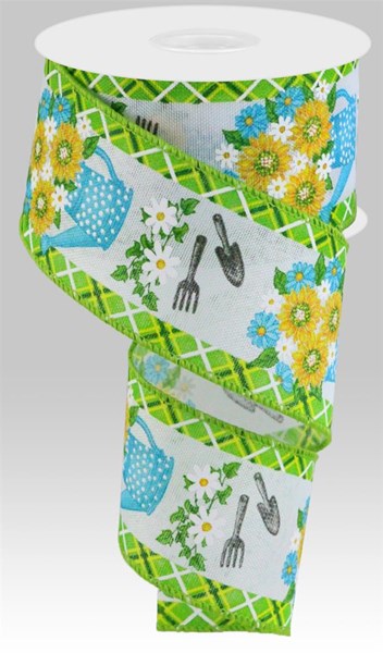 RW807003 2.5"X10yd Flower/Watering Can/Rain Boots Blue/White/Green/Yellow