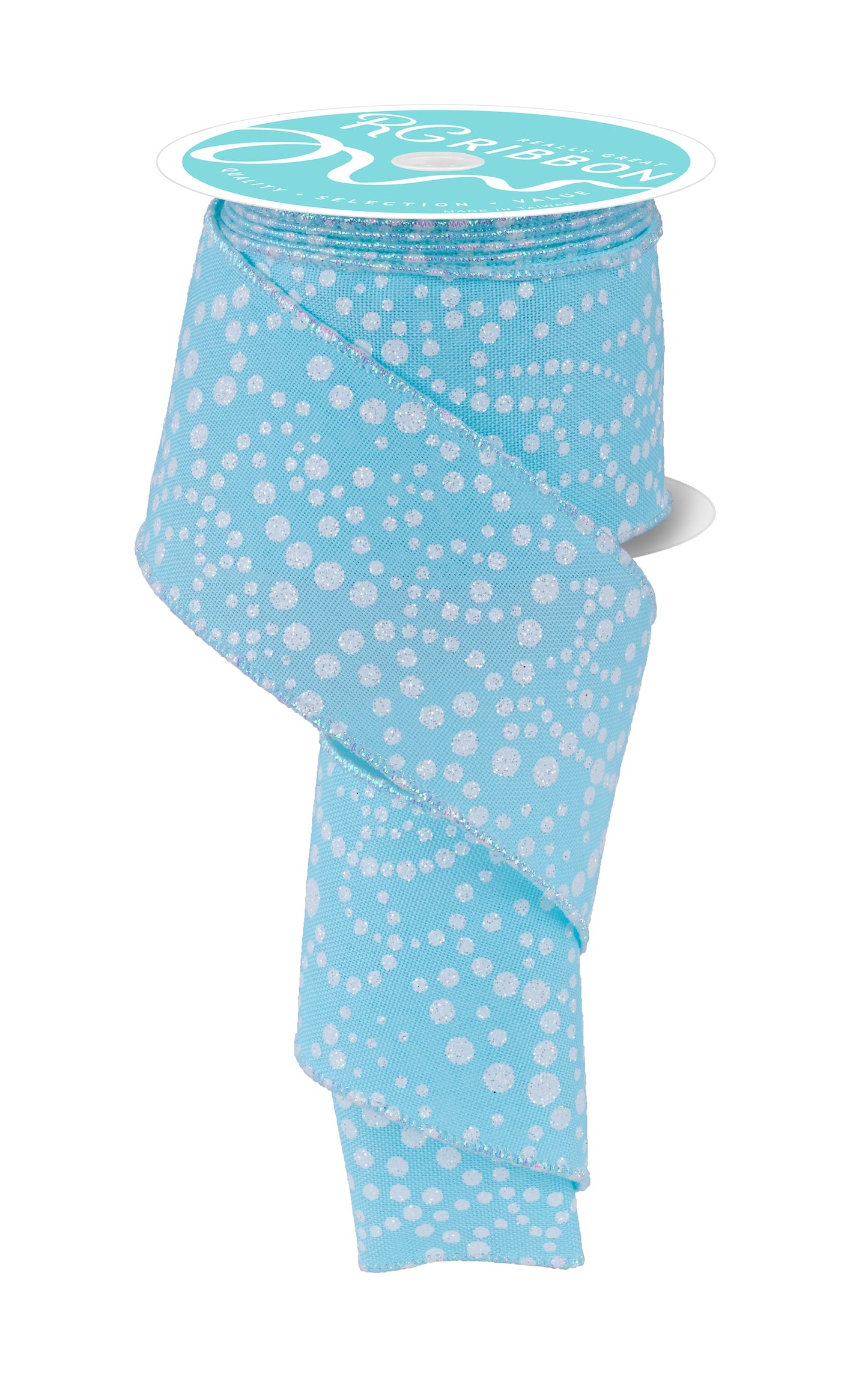RGF1731RM 2.5" x 10yd Mini Glitter Dots Christmas Ribbon – Ice Blue/Irid White – Wired Holiday Ribbon