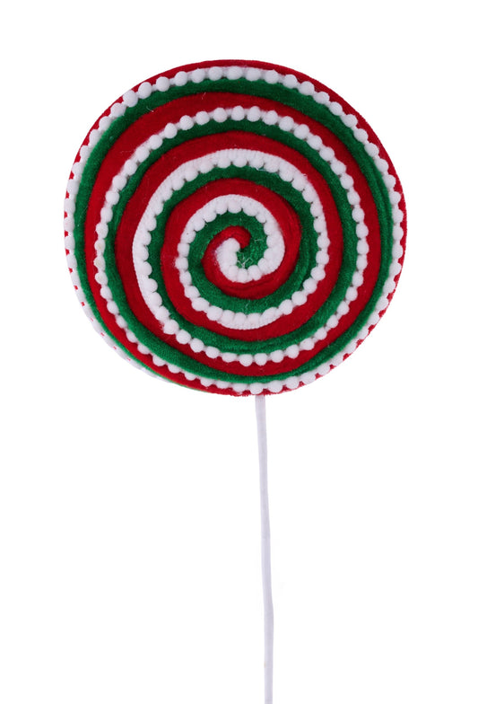 XC120136  20"L Velvet/Snowball/Striped Lollipop  Red/White/Emerald Green