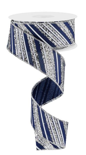 RGE18523Y  1.5" x 10yd Diagonal Lines Navy Blue/Silver/White