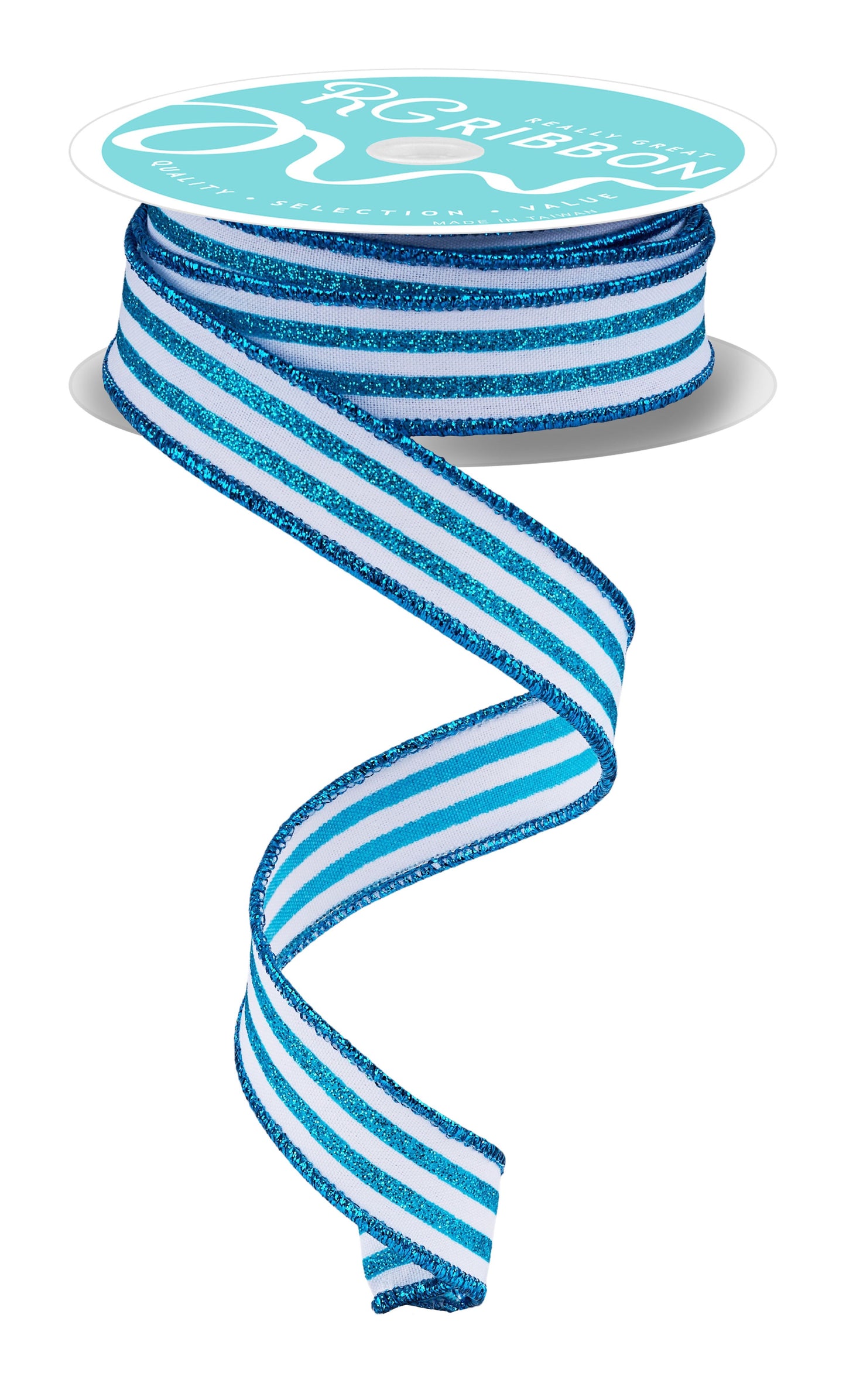 RGF7970A2  7/8" x 10yd Glitter Vertical Stripe White/Turquoise