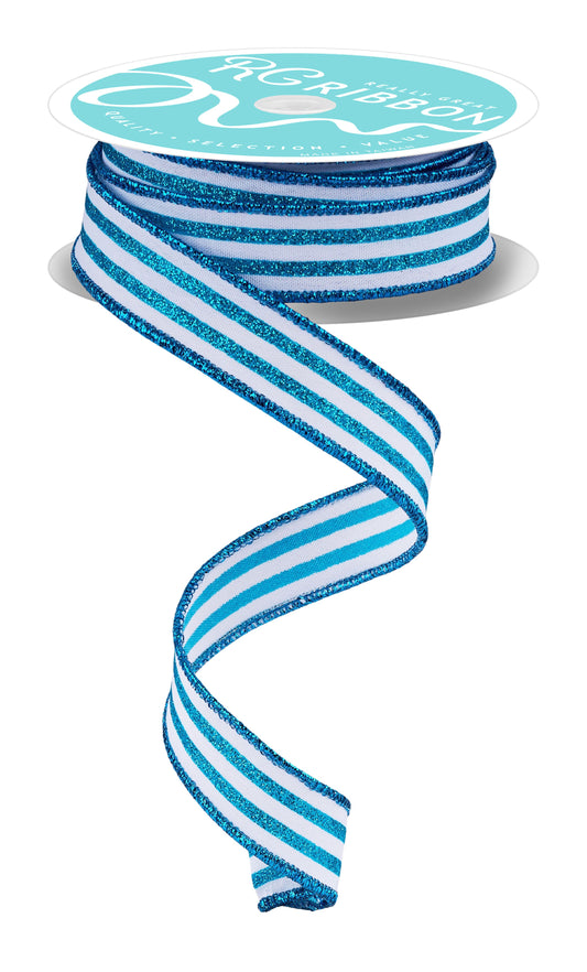 RGF7970A2  7/8" x 10yd Glitter Vertical Stripe White/Turquoise