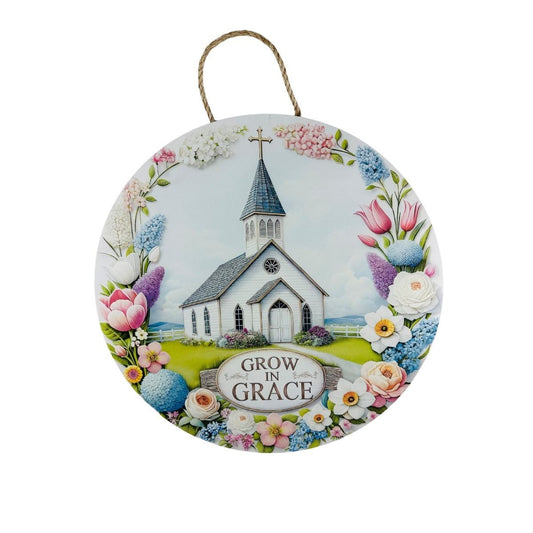 CUS2480    18" Round MDF "Church Floral Grow in Grace" Sign W/Rope