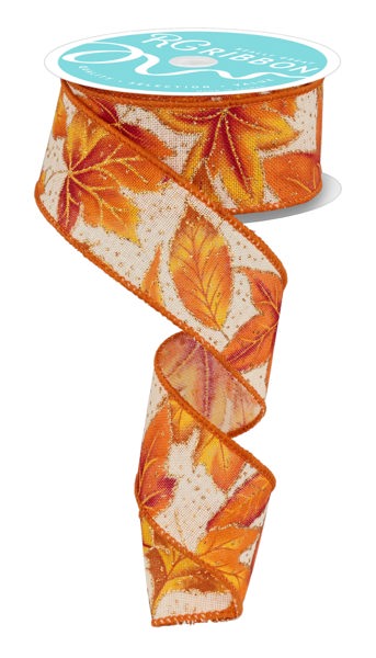 RGF1273    1.5" x 10yd Leaves W/Glitter Dots   Ylw/Orng/Brown/Gold