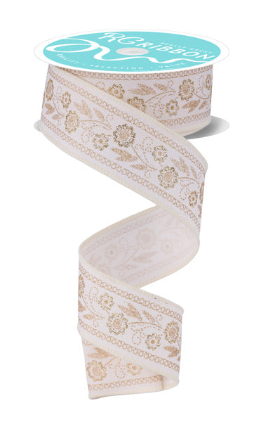RGF156530 1.5" x 10yd Embroidered Look Florals Ivory/Gold