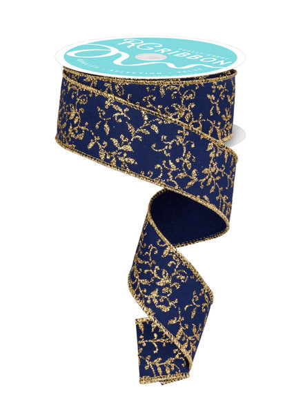 RGF1312WA  1.5" x 10yd Glitter Mini Leaf Vines Navy Blue/Gold