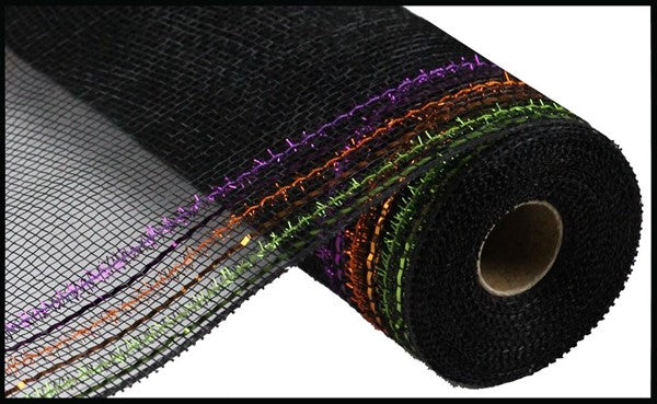 RY850676  10.25" x 10yd Tinsel/Foil Wide Border Mesh Blk/Orange/Prpl/Lime